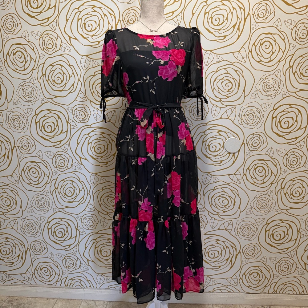 Betsey Johnson vintage-style tiered floral maxi dress.